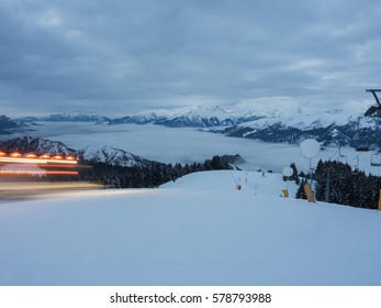 Landscape During Night At The Monte Pora Ski Area In Winter. Orobie Alps, Bergamasque Prealps, Bergamo, Italy. 