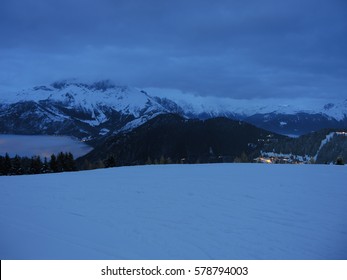 Landscape During Night At The Monte Pora Ski Area In Winter. Orobie Alps, Bergamasque Prealps, Bergamo, Italy. 