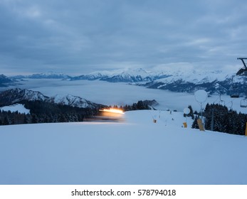 Landscape During Night At The Monte Pora Ski Area In Winter. Orobie Alps, Bergamasque Prealps, Bergamo, Italy. 