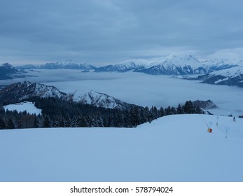 Landscape During Night At The Monte Pora Ski Area In Winter. Orobie Alps, Bergamasque Prealps, Bergamo, Italy. 