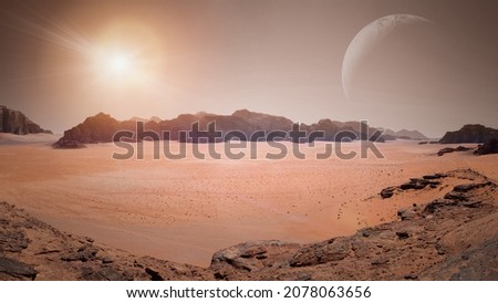 Landscape of an exoplanet with a sun and planets in the sky. Orange atmosphere.