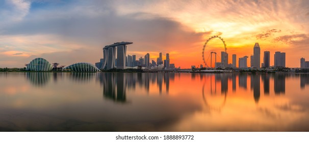 Landscape Of Financial District And Business Building At Sunset Time In Singapore City.