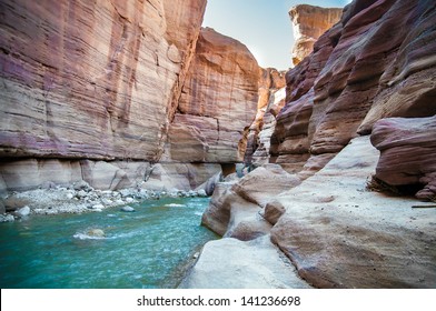 Landscape Of Flowing Water Of Creek In Wadi Hasa, Jordan