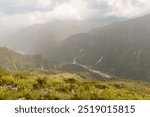 Landscape of foggy mountains in Aba Tibetan and Qiang Autonomous Prefectures. West part of Sichuan province, China