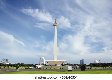 Landscape Front View Shot Of Taman Monas (National Monument Park) In Jakarta, Indonesia