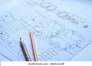 Landscape Or Garden Design Draw Sketches And Drafts. Drawing Landscape Project. Architectural Planning Or Plan On Paper