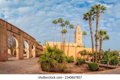 Landscape with garden and  Koutoubia Mosque on Marrakesh, Morocco