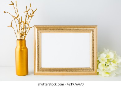 Landscape Gold Frame Mockup. Landscape Styled Design Mockup. Frame Mockup. 