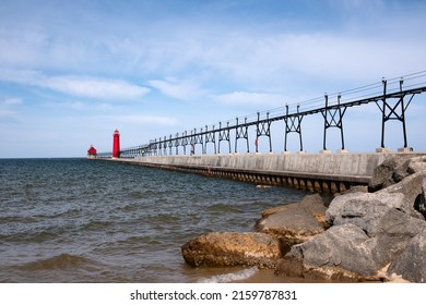 Landscape of the Grand Haven Lighthouse, pier, and catwalk at morning, Lake Michigan, Michigan, USA