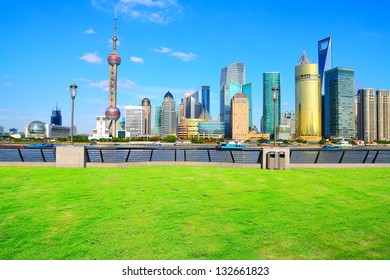  Landscape Grass Prospects The Shanghai Lujiazui City Buildings Of Landmark Sunny Skyline