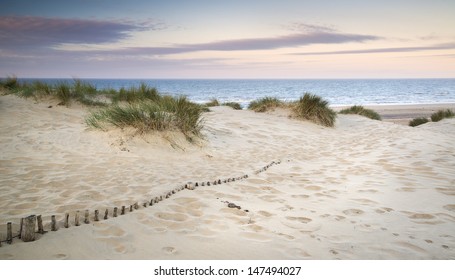 Landscape of grass in sand dunes at sunrise with wooden fences under sand dunes