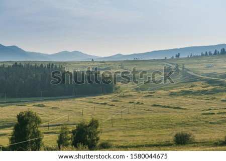 Landscape of grassland with shinning wire line cross through the field,beautiful alpine meadow with forest and farm house