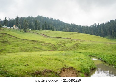 Landscape With Green Grass And Blue Sky In Mountain Of Gulmarg A Hill Station In Summer Time, A Popular Skiing Destination Of The Indian State Of Jammu And Kashmir.