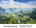 Landscape of Guilin, Li River and Karst mountains. Located near Yangshuo County, Guilin City, Guangxi Province, China.