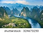 Landscape of Guilin, Li River and Karst mountains. Located near The Ancient Town of Xingping, Yangshuo County, Guangxi Province, China.