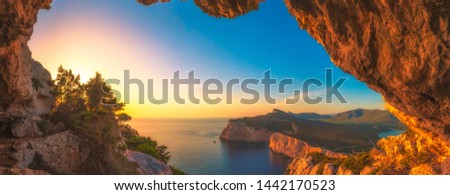 Landscape of the gulf of capo caccia at sunset from grotta dei vasi rotti - Sardinia