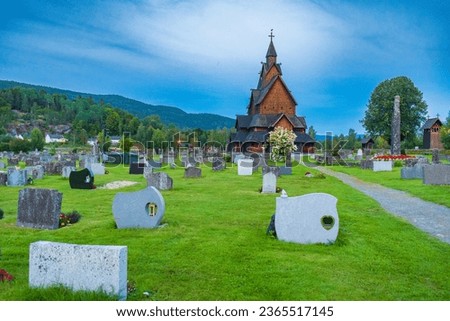 Landscape of the Heddal Stave church (Norway)
