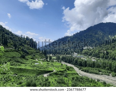Landscape of Himalaya mountains and river Beas flowing through forest of coniferous trees in Solang valley, Himachal Pradesh. Shot was taken at the starting point of Patalsu Peak trek on a cloudy day.