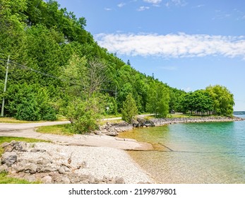 Landscape Of The Huron Lake Water And Greenery At Day In Georgian Bay  At Wiarton, Ontario, Canada.