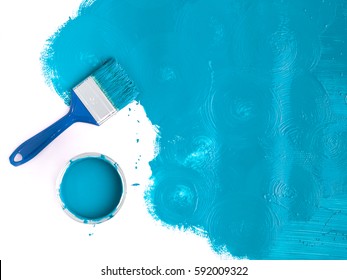 Landscape Image Blue Paint Brush With Blue Splash And Can. Top View With Copy Space