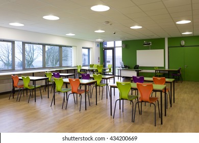 Landscape image of an empty classroom.