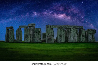 Landscape Image Of Milky Way Galaxy At Night Sky With Stars Over Stonehenge An Ancient Prehistoric Stone Monument, Wiltshire, UK.