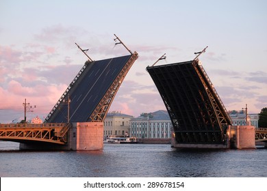 Landscape with the image of open Palace bridge from the Neva river in St. Petersburg, Russia, 