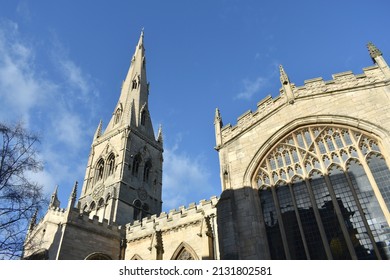 Landscape Image Of St Mary Magadalene Church In Newark-on-Trent,  Nottinghamshire On A Sunny Day In Spring With Clear Blue Sky