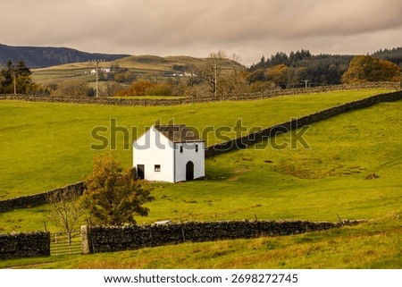A landscape image of a whitewashed byre barn with a pitched roof, drystone walls a gate entrance to the meadows. Trees in the distance with the hills of the Pennines, autumn colours with a cloudy sky.
