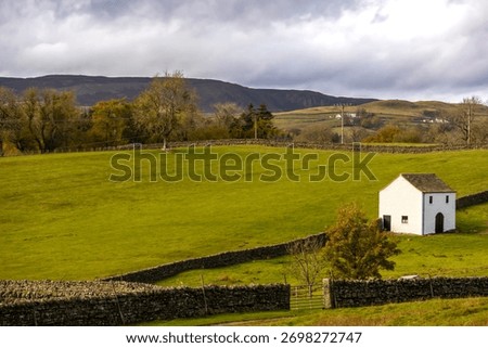 A landscape image of a whitewashed byre barn with a pitched roof, drystone walls a gate entrance to the meadows. Trees in the distance with the hills of the Pennines, autumn colours with a cloudy sky.