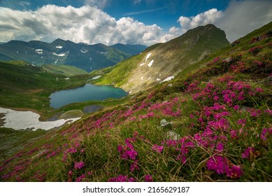 Landscape with impressive rocky mountains, green meadows, dramatic clouds, mountain lake and deep valleys. Located in Fagaras Natural Park, Transylvania, Romania.