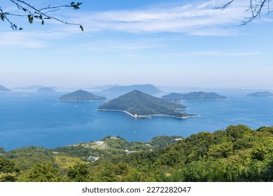 Landscape of islands on the seto inland sea , view from Mt. shiude at shonai peninsula , mitoyo city, kagawa, shikoku, japan