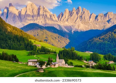 Landscape Italy Dolomites Val di Funes in summer,Val di Funes, South Tyrol, Italy