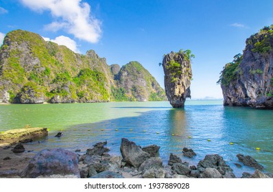 The landscape of James Bond island for a traveler on tropical sea beach Phang Nga Bay, Thailand Travel nature adventure, Summer holiday vacation trip and copy space for healthy lifestyle ideas.
