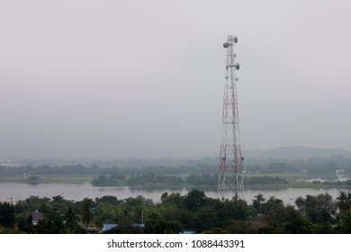 Landscape of Khwae Yai River can see Radio transmitter on nature look from Wat Tham Suea Kanchanaburi Province Thailand. 