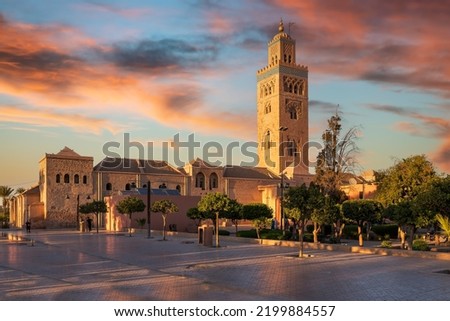 Landscape with Koutoubia Mosque at sunset time, Marrakesh, Morocco Stock foto © 
