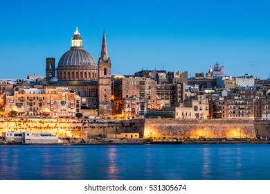 Landscape Of La Valetta In Malta At Night.