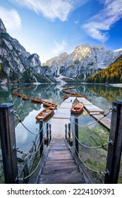 Landscape of Lago di Braies in dolomite mountains - Shutterstock ID 2224109391