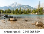 Landscape of Lake Jenny and Grand Teton mountains 