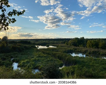 Landscape with lakes and river plants at sunset - Shutterstock ID 2038164386