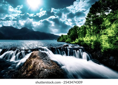 Landscape with large lake with waterfall surrounded by forest and sun streaks through white clouds