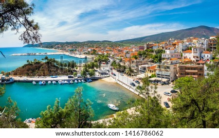 Landscape with Limenaria city and harbour at Thassos island, Greece