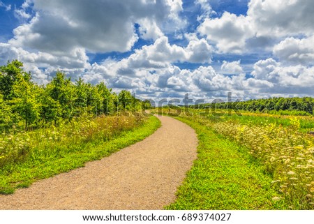 Landscape with lines of roads and paths with flowering plants and young forest in Bentwoud nature reserve in the province of Zuid Holland in theNetherlands