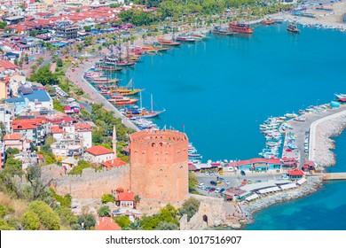 Landscape with marina and Red tower in Alanya peninsula, Antalya district, Turkey