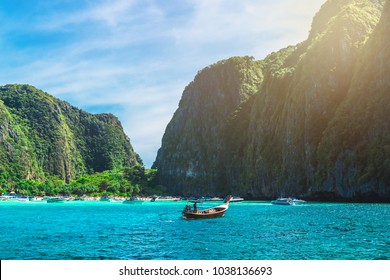 Landscape of Maya beach with longtail boat for tourist, Phi Phi island, Andaman sea, Krabi, phuket, Travel Most popular place Thailand, Beautiful destination Asia, Summer holiday outdoor vacation trip