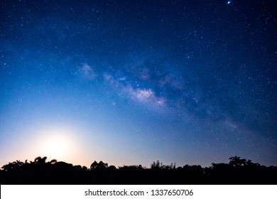 Landscape with milky way galaxy, Night sky with stars, moon andsilhouette of tree - Shutterstock ID 1337650706