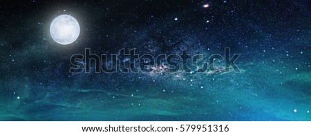 Landscape with Milky way galaxy. Night sky with stars and the full moon. (Elements of this moon image furnished by NASA)
