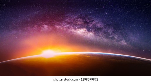 Landscape With Milky Way Galaxy. Sunrise And Earth View From Space With Milky Way Galaxy. (Elements Of This Image Furnished By NASA)