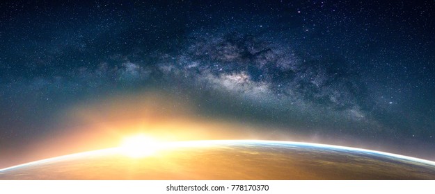 Landscape with Milky way galaxy. Sunrise and Earth view from space with Milky way galaxy. (Elements of this image furnished by NASA)