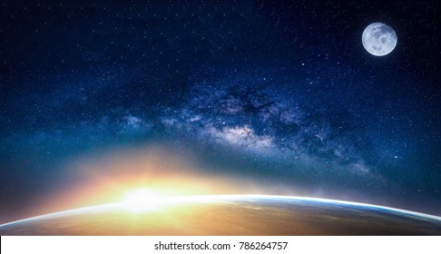 Landscape With Milky Way Galaxy. Sunrise And Earth View From Space With Milky Way Galaxy. (Elements Of This Image Furnished By NASA)